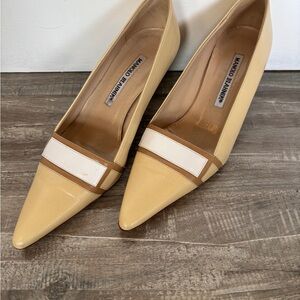 Vintage Manolo Blahnik Tan and White Heels with Modern Design